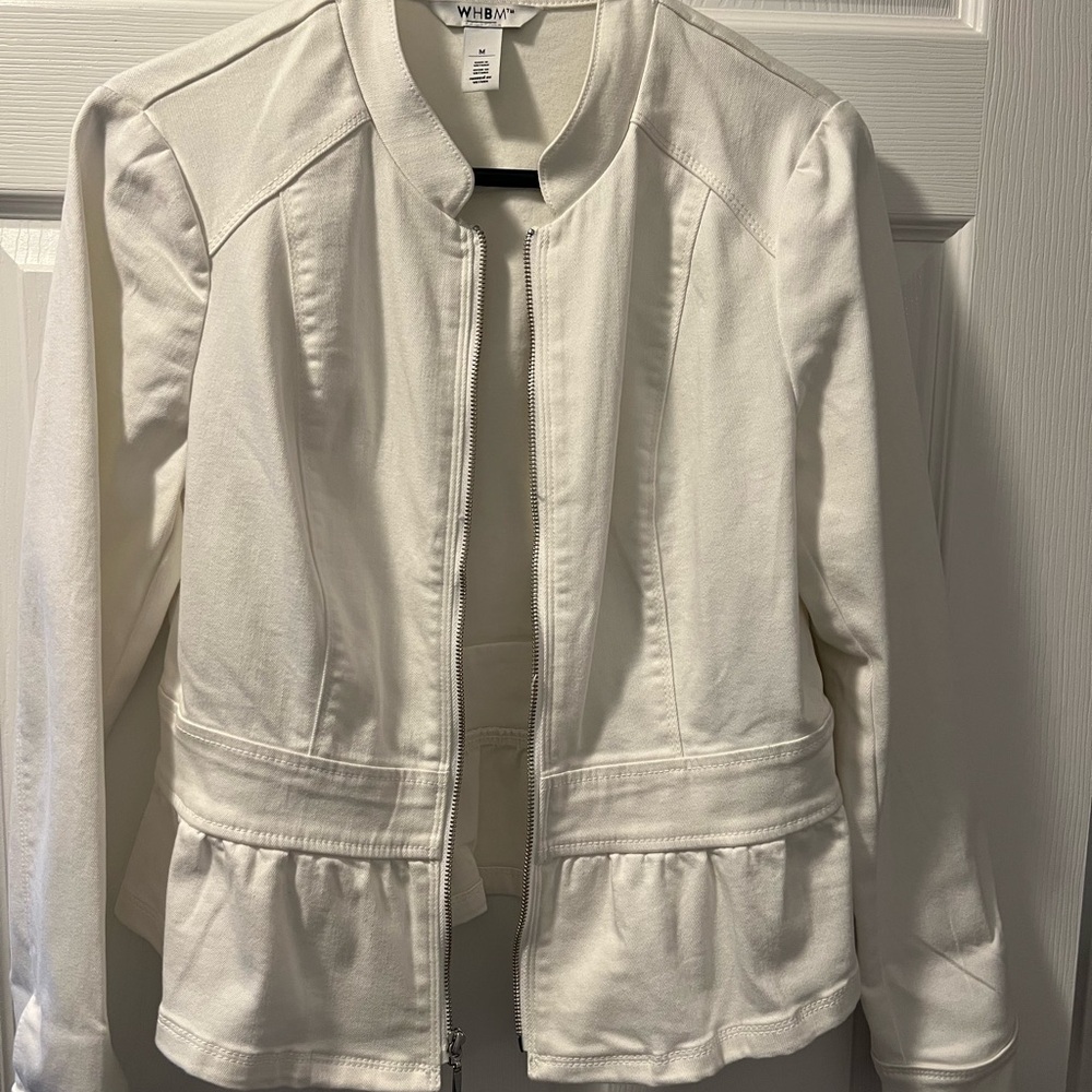 White House Black Market White Bomber Jacket with Peplum Detail